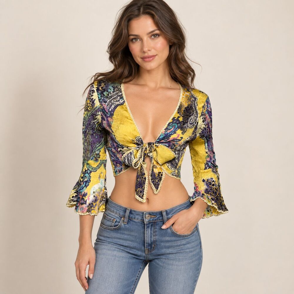 Alberto Makali Tie Front Crop Top XL Paisley Crinkle Bell Sleeve Y2K Boho